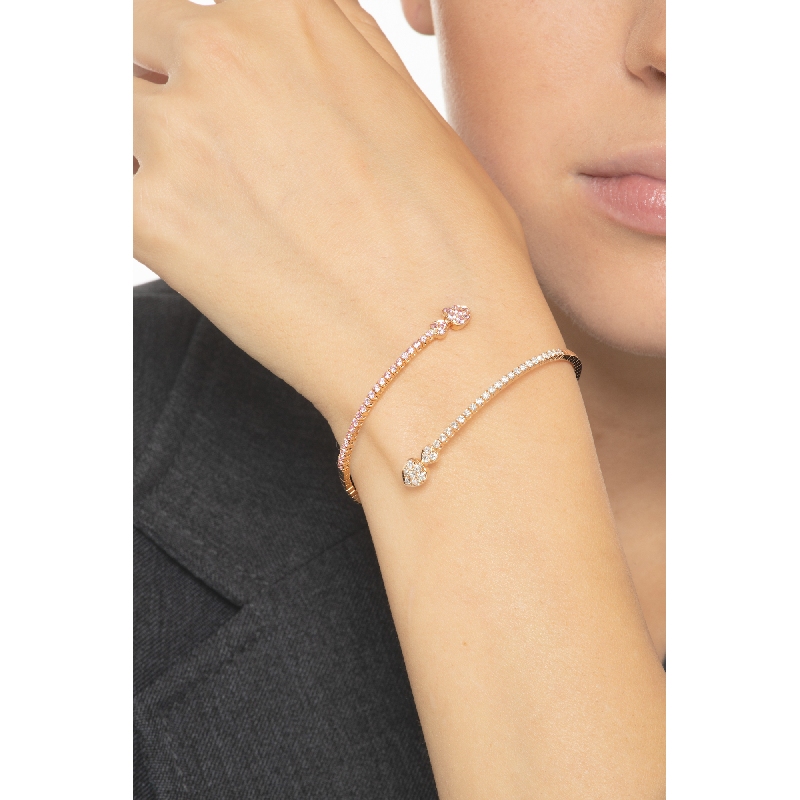 Bracelet Semi Rigide en Or Rose 18K avec Cœurs Diamants et Saphirs Roses