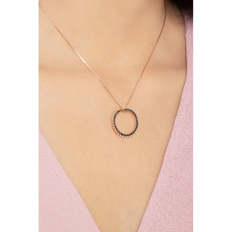 Collier en or rose 18k cercle diamants noirs taille brillante et diamants