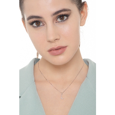 Collier en or blanc 18k avec lettre L serti de diamants, 1 cm