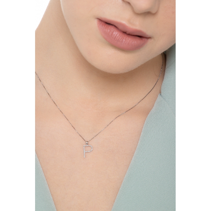 Collier pendentif lettre  P en or blanc 18K et diamants