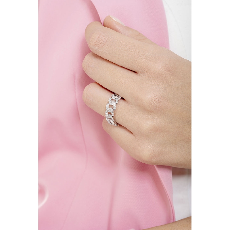 Bague souple style gourmette en or blanc 18k avec diamants