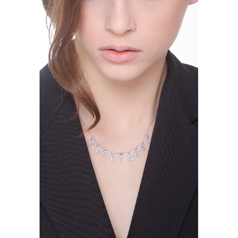 Collier en Or Blanc 18k avec Mot HAPPINESS en Diamants