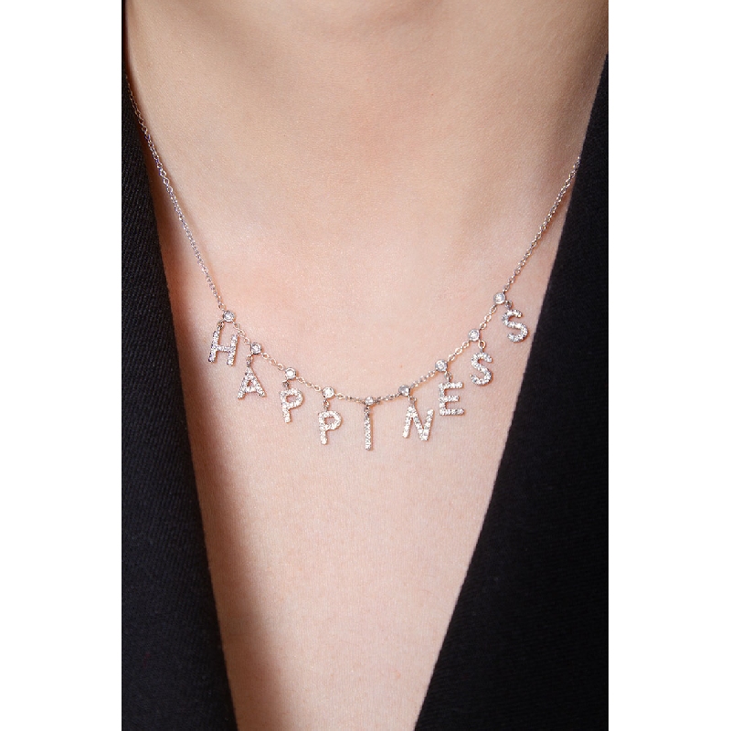 Collier en Or Blanc 18k avec Mot HAPPINESS en Diamants