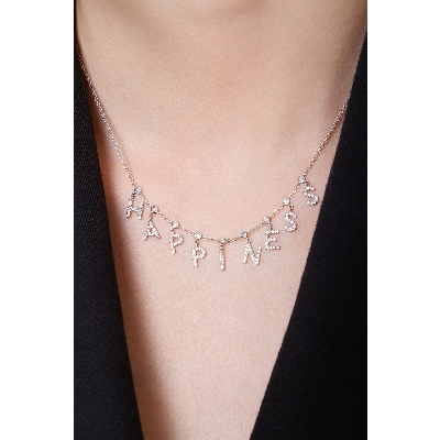 Collier en Or Blanc 18k avec Mot HAPPINESS en Diamants