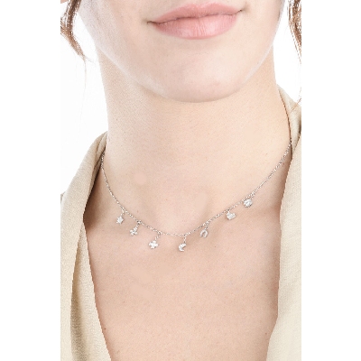 Collier en or blanc 18k avec pendentifs symboliques et diamants