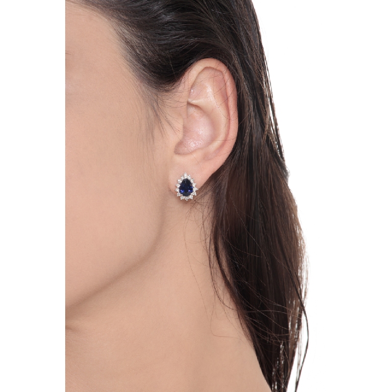 Boucles d'oreilles avec saphir bleu et diamants en or blanc 18k 