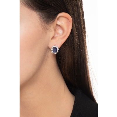 Boucles d'Oreilles en Or Blanc 18k avec Saphirs Bleus Rectangulaires et Diamants