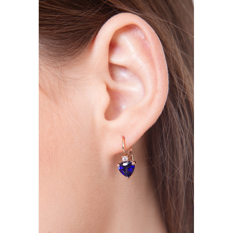 Boucles d’oreilles or rose 18k saphirs bleus cœur et diamants