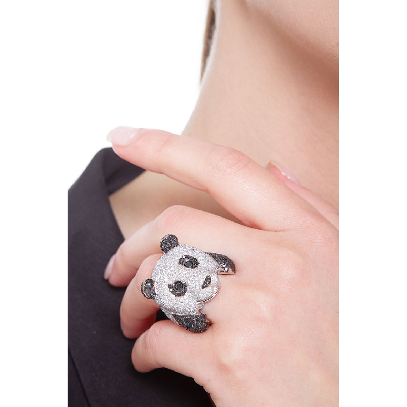 Bague panda en or blanc 18K avec diamants blancs et noirs