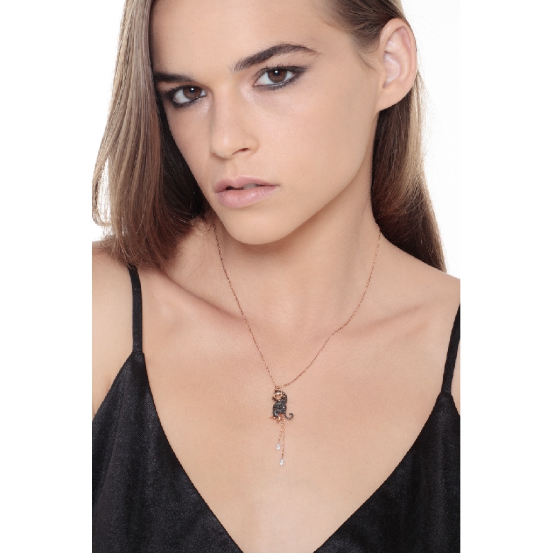 Collier en or blanc et rose 18k singe serti de diamants noirs