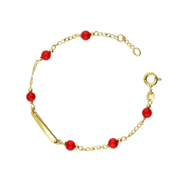 Bracelet enfant ajustable en or jaune avec coraux et plaque, 15 cm