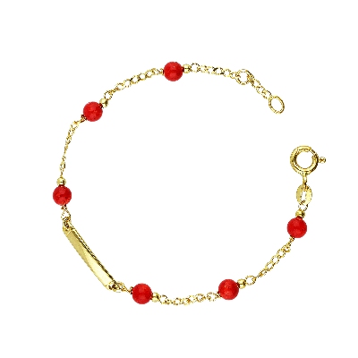 Bracelet enfant ajustable en or jaune avec coraux et plaque, 15 cm