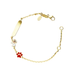 Bracelet en or jaune 18k avec bulldog français, patte et plaque gravable