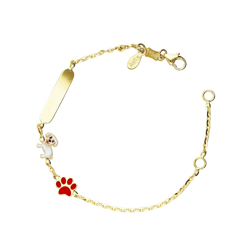 Bracelet en or jaune 18k avec bulldog français, patte et plaque gravable