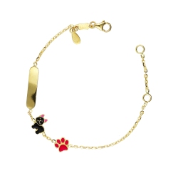 Bracelet en or jaune 18k avec bulldog français, patte et plaque gravable