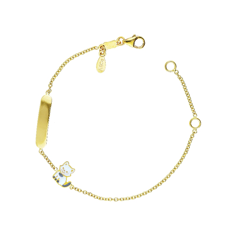 Bracelet en or jaune 18k avec chaton blanc et plaque