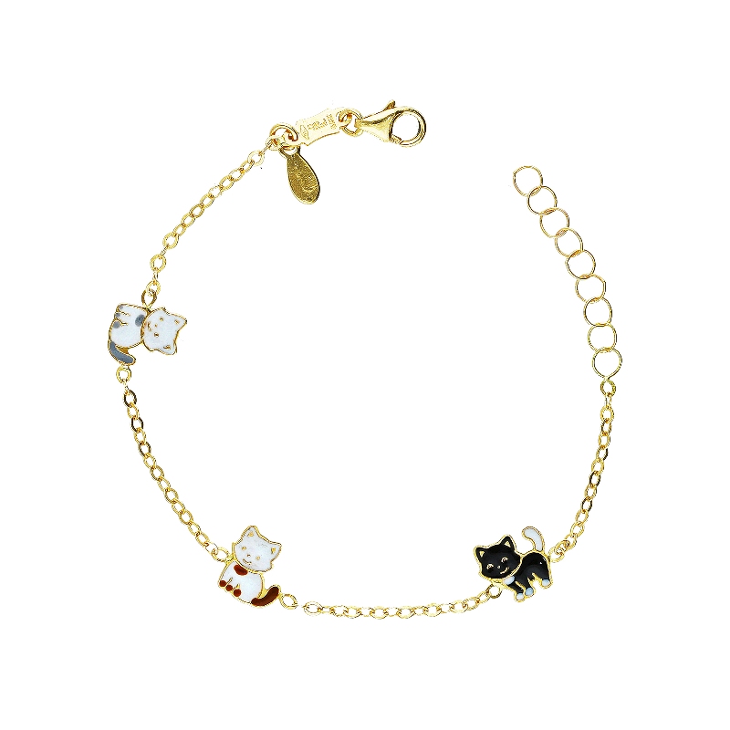 Bracelet en or jaune 18k avec 3 petits chats émaillés