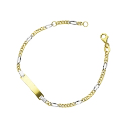 Bracelet en or blanc et jaune 18k avec plaque gravable, 16 cm