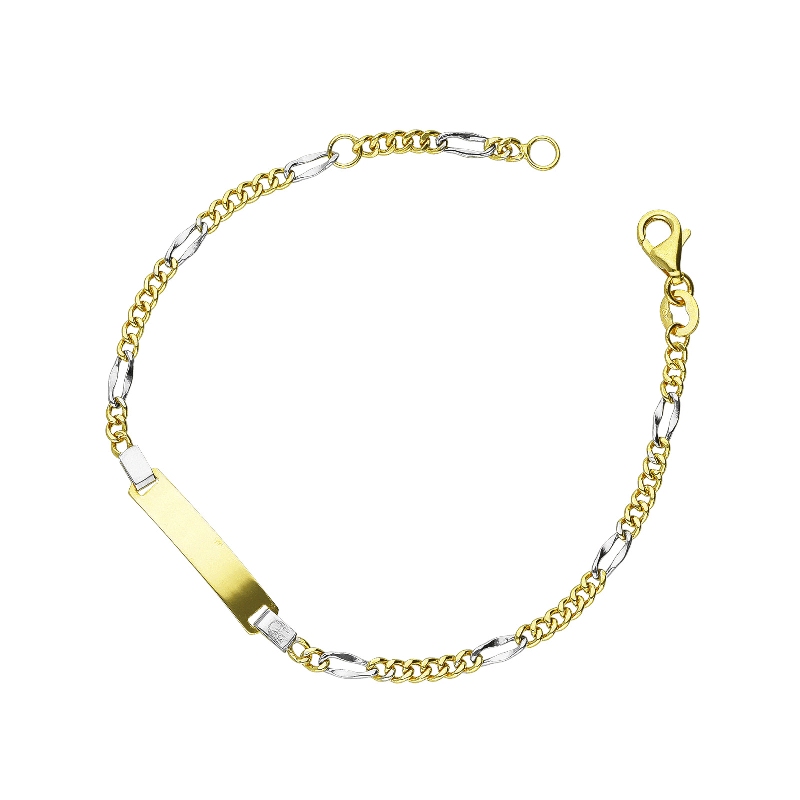 Bracelet en or blanc et jaune 18k avec plaque gravable, 16 cm