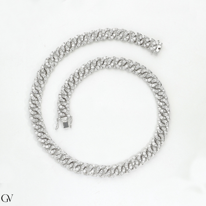 Collier élégant or blanc 18k style gourmette avec diamants