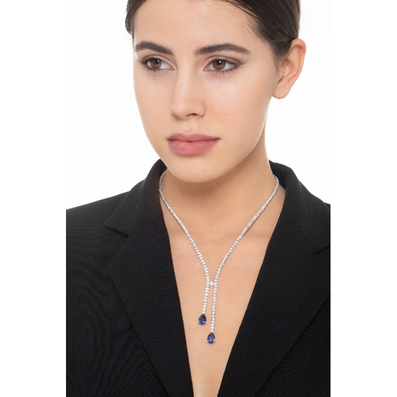 Collier tennis en or blanc 18k avec diamants et saphirs bleus