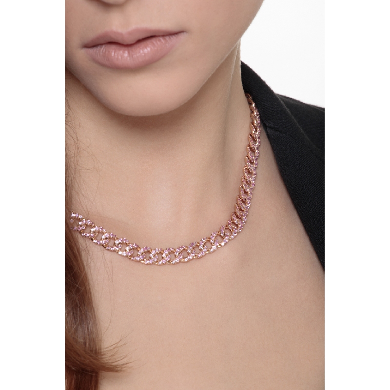 Collier maille gourmette en or rose 18k avec saphirs roses