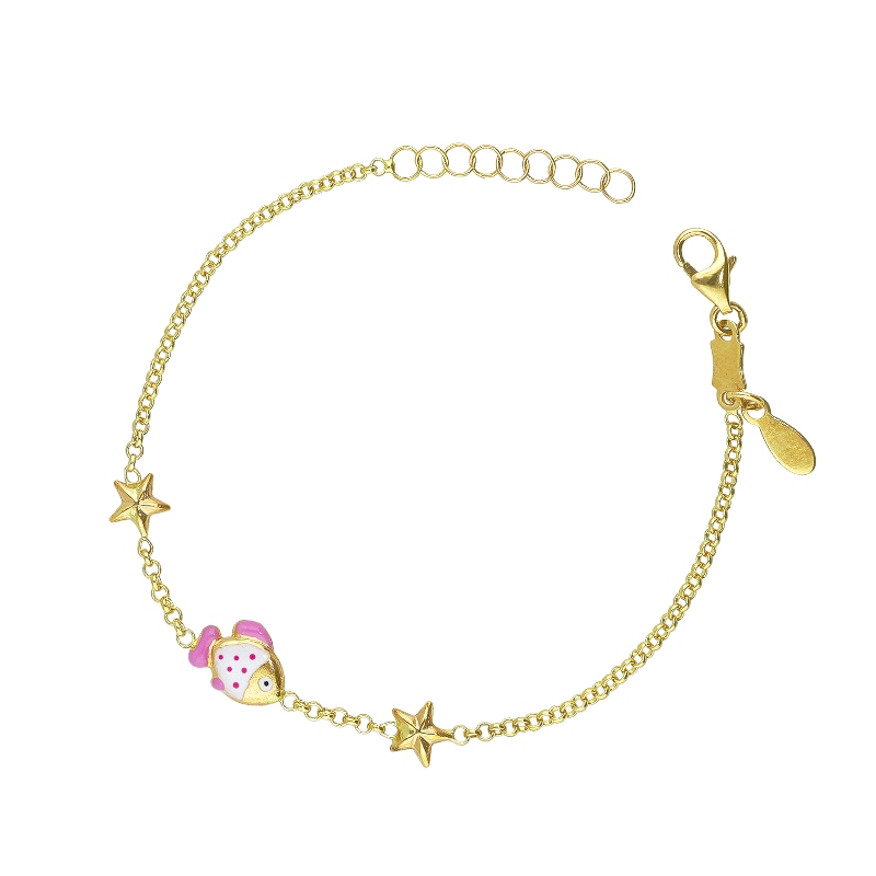 Bracelet pour enfant en or jaune 18k avec poisson émaillé et étoiles