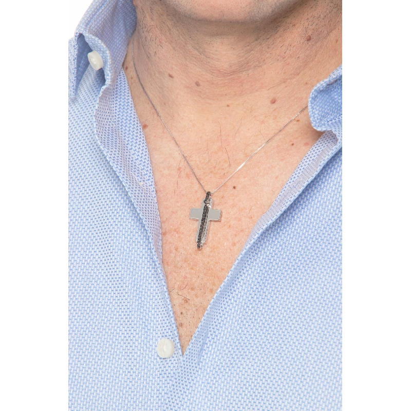 Collier avec croix pour homme en or blanc 18ct et diamants noirs