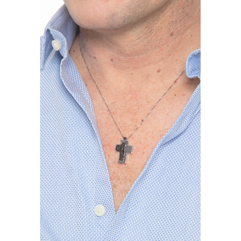 Collier croix or blanc 18k avec diamants noirs 50 cm