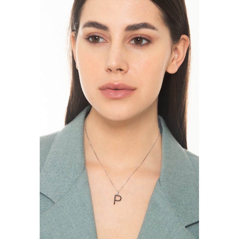 Collier pendentif lettre P or blanc et diamants noir