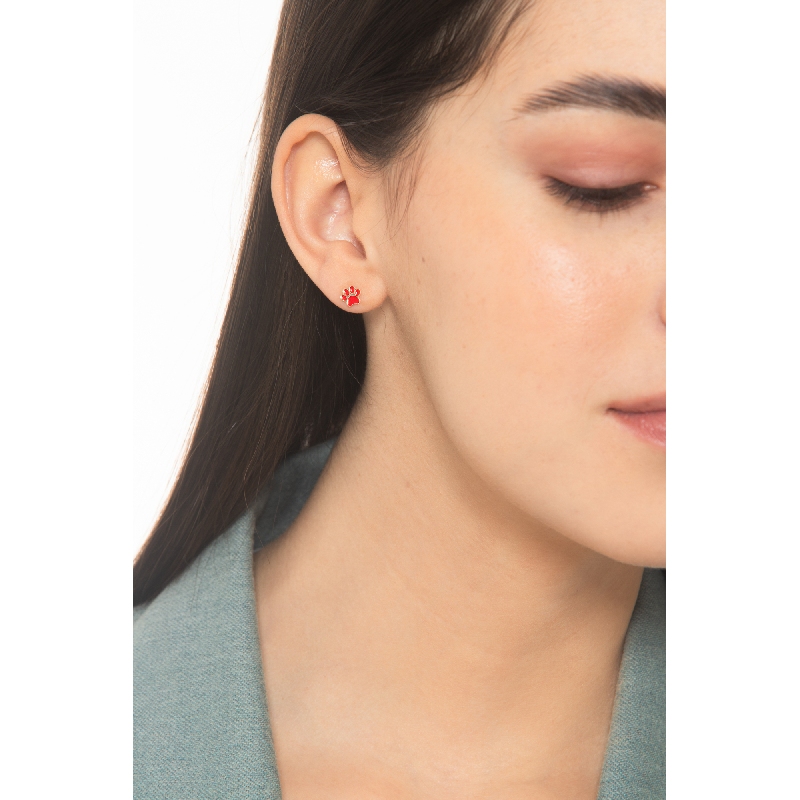 Boucles d'oreilles en or jaune 18k petit chien et patte rouge
