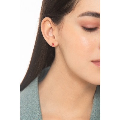 Boucles d'oreilles en or jaune 18k petit chien et patte rouge