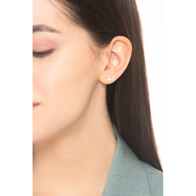 Boucles d'oreilles en or jaune 18k petit chien et patte rouge