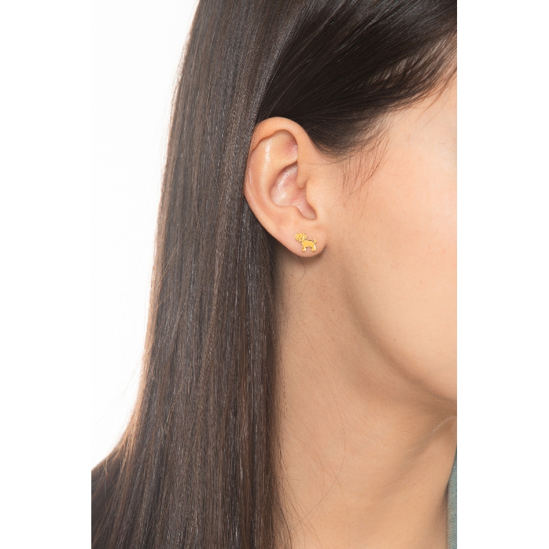 Boucles d’oreilles en or jaune 18k avec chien jaune et patte rouge