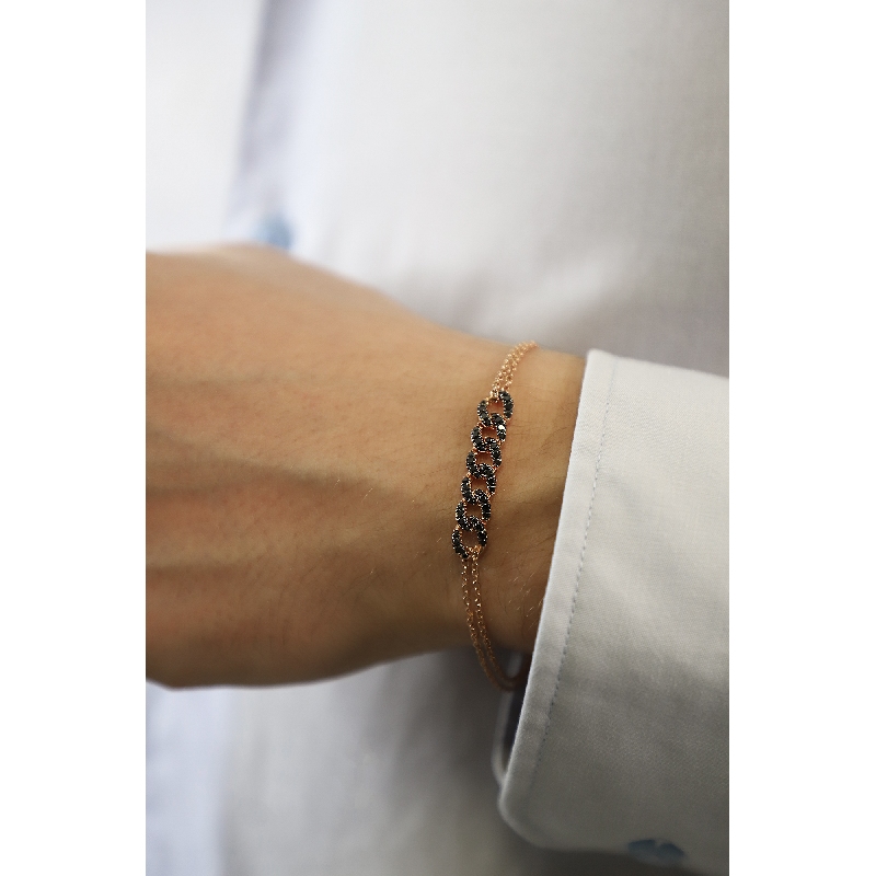 Bracelet gourmette 6 maillons en or rose 18k avec diamants noirs 