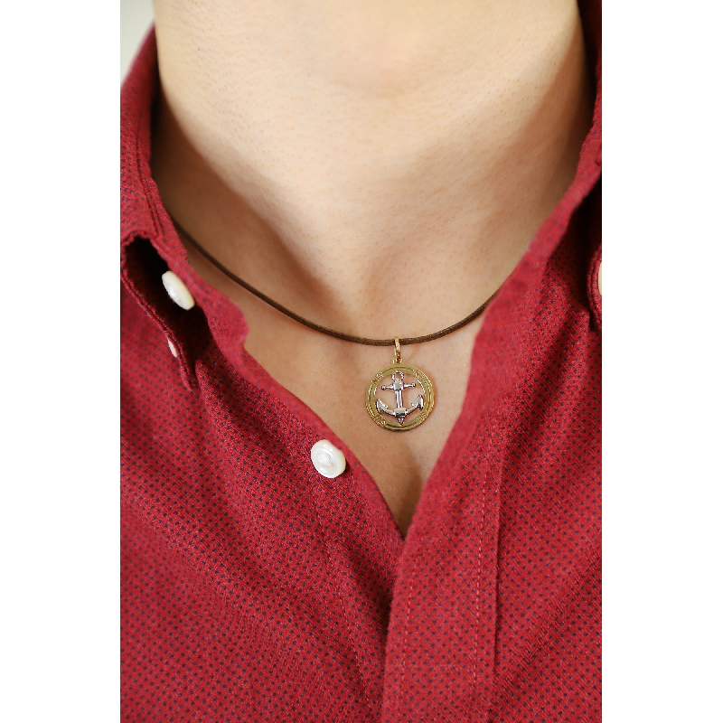 Pendentif or blanc et jaune 18k Rose des Vents et ancre