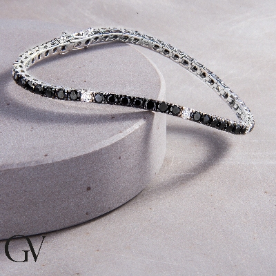 Bracelet Tennis en Or Blanc 18k avec Diamants Noirs et Blancs