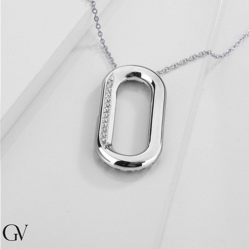 Collier en or blanc 18 carats avec pendentif ovale avec diamants, cm 42