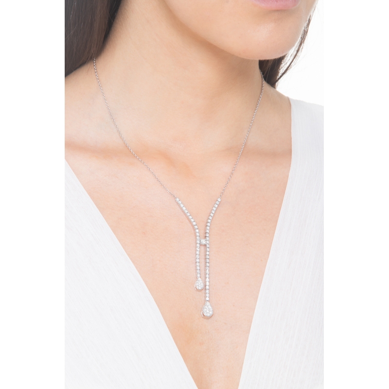 Collier en Y design en or blanc 18k avec rivière de diamants