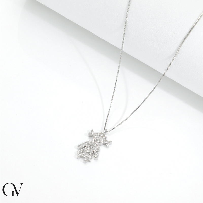 Collier en or blanc 18k avec pendentif fille en diamants 