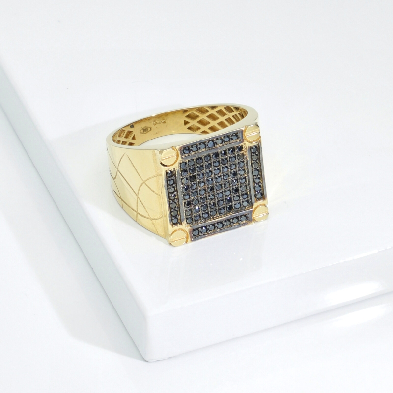 Bague Homme en Or Jaune 750 avec Zircones Noires