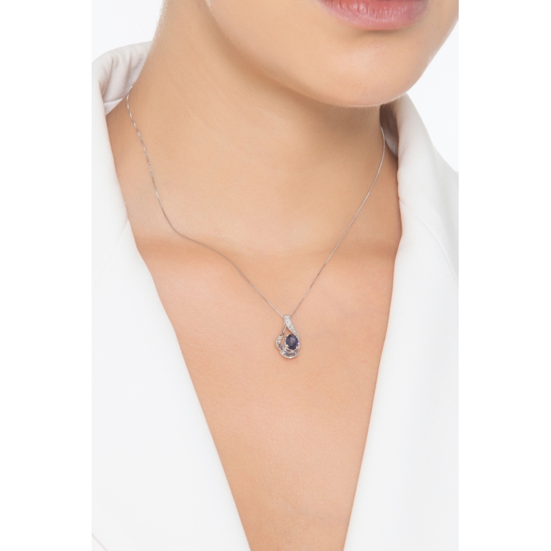 Collier Femme Saphir Bleu Ovale & Diamants Brillants Or Blanc 18k