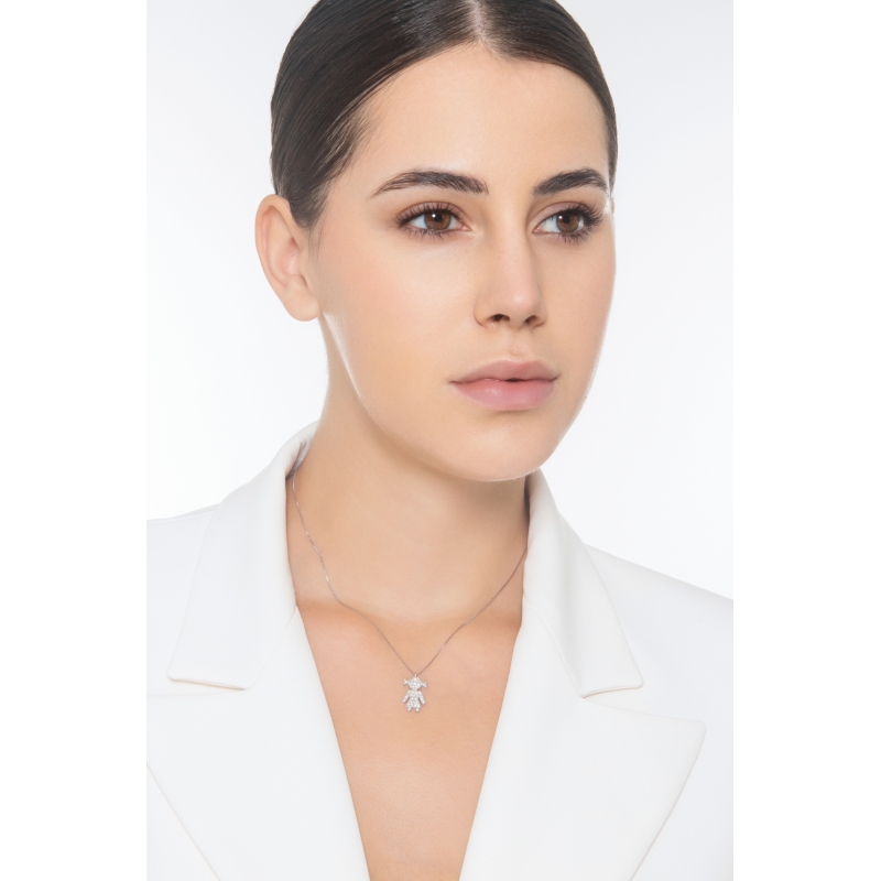 Collier en or blanc 18k avec pendentif fille en diamants 