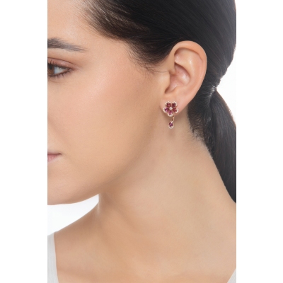 Boucles d’oreilles fleur or rose 18k avec rubis poire et diamants