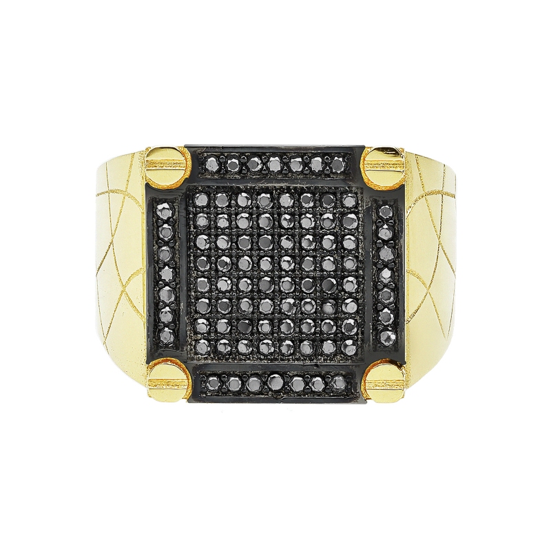 Bague Homme en Or Jaune 750 avec Zircones Noires