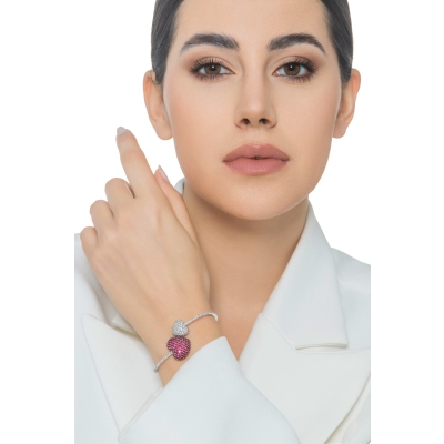 TOI ET MOI Bracelet or blanc avec deux cœurs en rubis et diamant