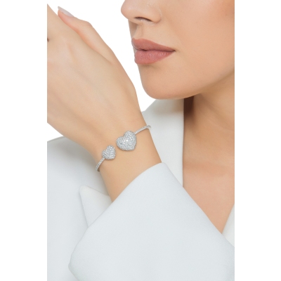 Bracelet semirigide or blanc avec deux cœurs en diamant