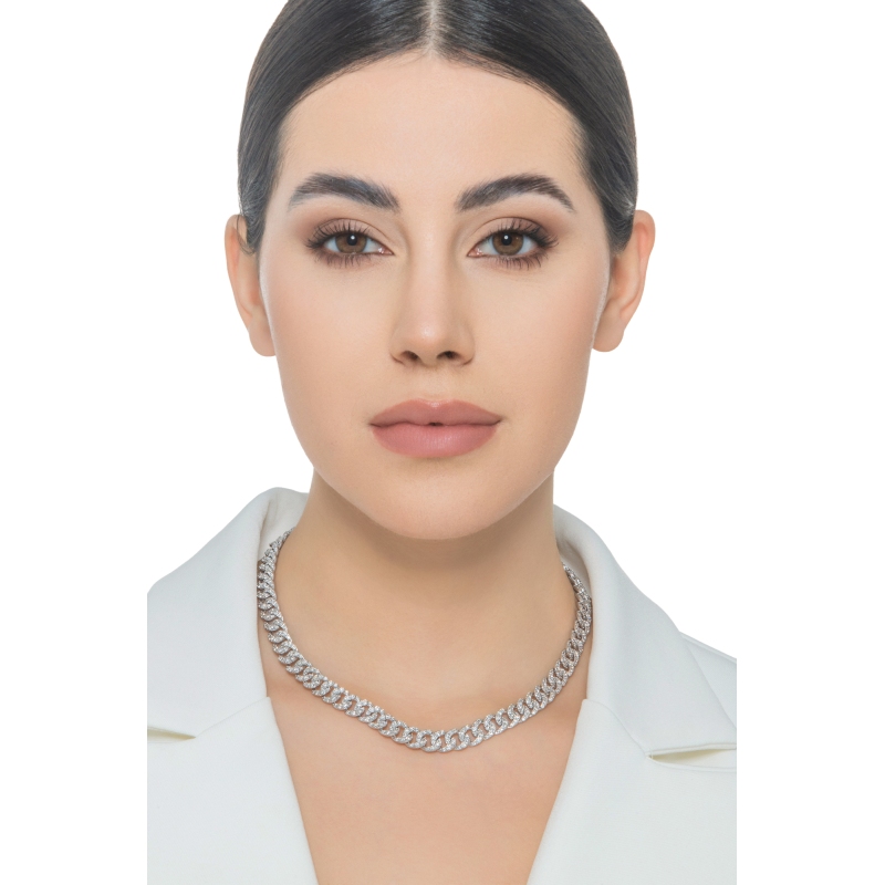 Collier élégant or blanc 18k style gourmette avec diamants