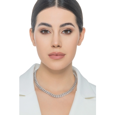 Collier élégant or blanc 18k style gourmette avec diamants