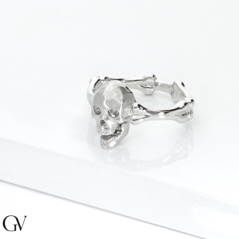 Bague skull mobile en or blanc 18k avec diamants